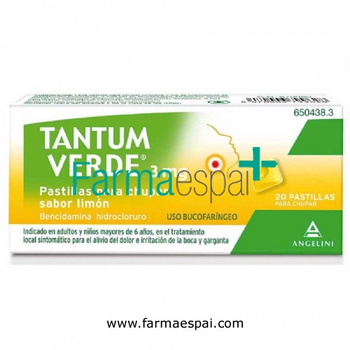 TANTUM VERDE 3 mg PASTILLAS PARA CHUPAR SABOR LIMON, 20 pastillas (PE/Papel/Al)