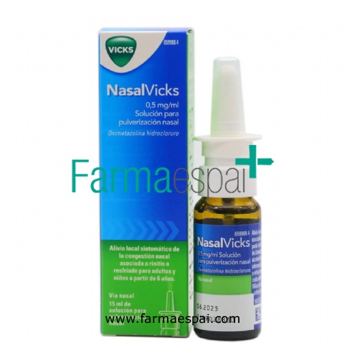 NASALVICKS 0,5MG/ML SOLUCION PARA PULVERIZACIÓN NASAL , 1 envase pulverizador de 15 ml